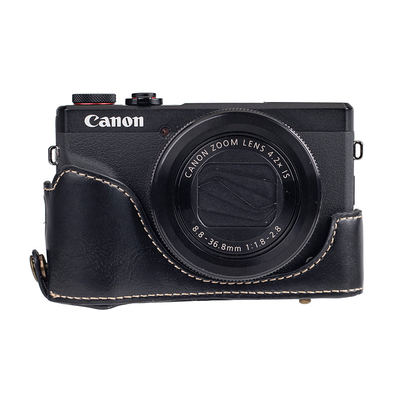 for Canon G7 X Mark III/G7 X Mark II Detachable PU Leather Camera Bag Battery Opening Design Protective Cover with Shoulder Strap - Crazy Horse Texture/Black