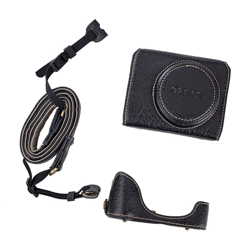 for Canon G7 X Mark III/G7 X Mark II Detachable PU Leather Camera Bag Battery Opening Design Protective Cover with Shoulder Strap - Crazy Horse Texture/Black