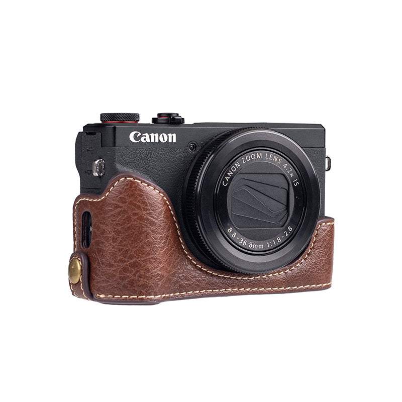 for Canon G7 X Mark III/G7 X Mark II Detachable PU Leather Camera Bag Battery Opening Design Protective Cover with Shoulder Strap - Buffalo Texture / Coffee
