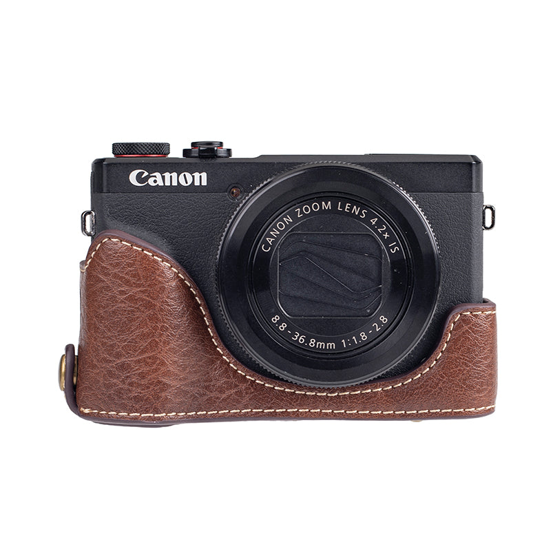 for Canon G7 X Mark III/G7 X Mark II Detachable PU Leather Camera Bag Battery Opening Design Protective Cover with Shoulder Strap - Buffalo Texture / Coffee