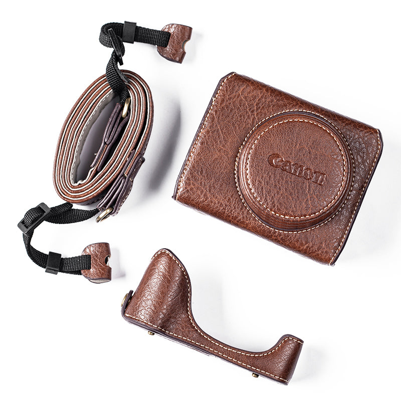 for Canon G7 X Mark III/G7 X Mark II Detachable PU Leather Camera Bag Battery Opening Design Protective Cover with Shoulder Strap - Buffalo Texture / Coffee
