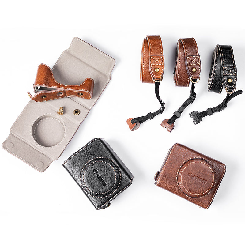 for Canon G7 X Mark III/G7 X Mark II Detachable PU Leather Camera Bag Battery Opening Design Protective Cover with Shoulder Strap - Buffalo Texture / Coffee