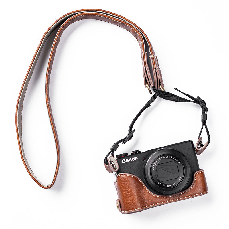 for Canon G7 X Mark III/G7 X Mark II Detachable PU Leather Camera Bag Battery Opening Design Protective Cover with Shoulder Strap - Buffalo Texture/Brown