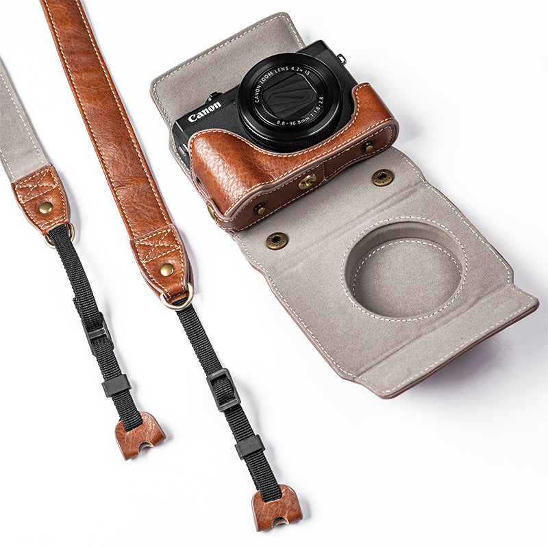 for Canon G7 X Mark III/G7 X Mark II Detachable PU Leather Camera Bag Battery Opening Design Protective Cover with Shoulder Strap - Buffalo Texture/Brown