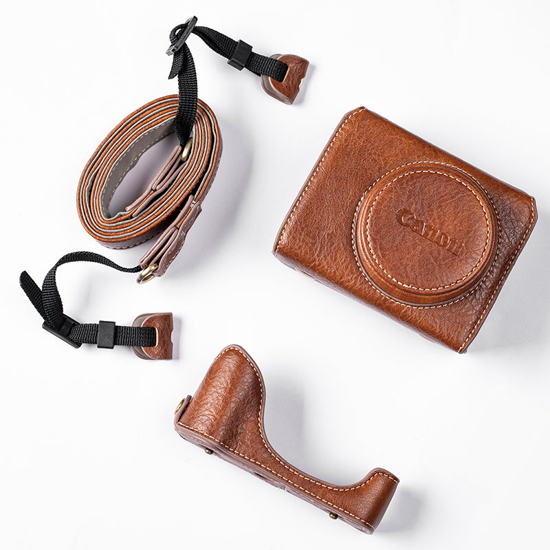 for Canon G7 X Mark III/G7 X Mark II Detachable PU Leather Camera Bag Battery Opening Design Protective Cover with Shoulder Strap - Buffalo Texture/Brown