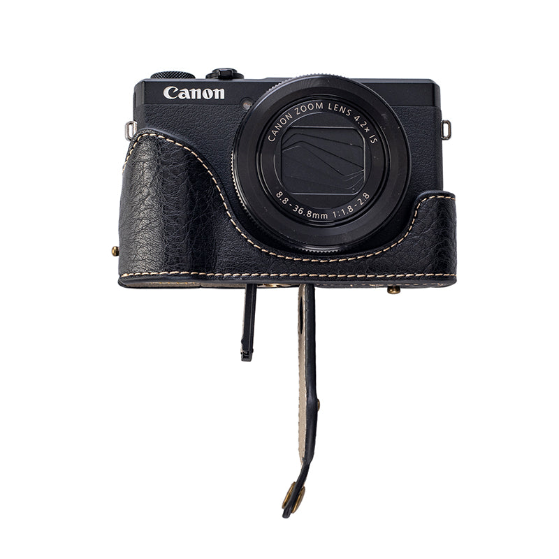 for Canon G7 X Mark III/G7 X Mark II Detachable PU Leather Camera Bag Battery Opening Design Protective Cover with Shoulder Strap - Buffalo Texture/Black