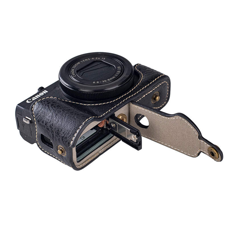 for Canon G7 X Mark III/G7 X Mark II Detachable PU Leather Camera Bag Battery Opening Design Protective Cover with Shoulder Strap - Buffalo Texture/Black