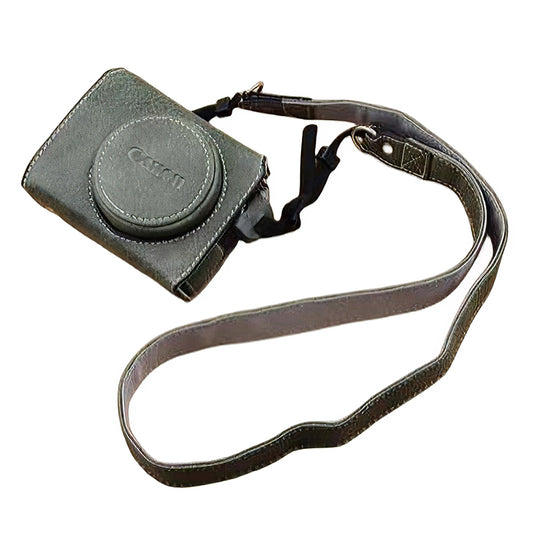 for Canon G7 X Mark III/G7 X Mark II Detachable PU Leather Camera Bag Battery Opening Design Protective Cover with Shoulder Strap - Buffalo Texture / Green