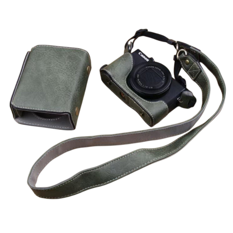 for Canon G7 X Mark III/G7 X Mark II Detachable PU Leather Camera Bag Battery Opening Design Protective Cover with Shoulder Strap - Buffalo Texture / Green