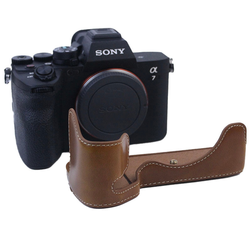 PU Leather Camera Bottom Case Protective Half Body Cover for Sony A7M4 / A1 / A7S III / A7S3 / A7R5 Camera - Brown