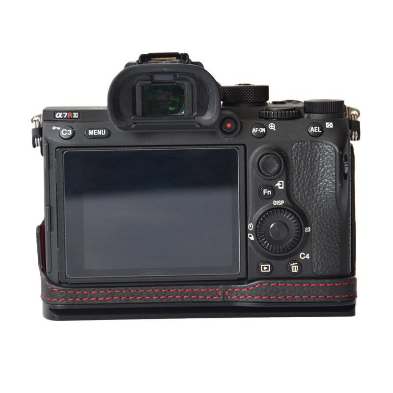Uniqkart for Sony A7M3/A9/A73/A7R3 Genuine Leather Camera Bottom Case Protective Half Body Cover Quick Release Plate Bracket Holder - All Black