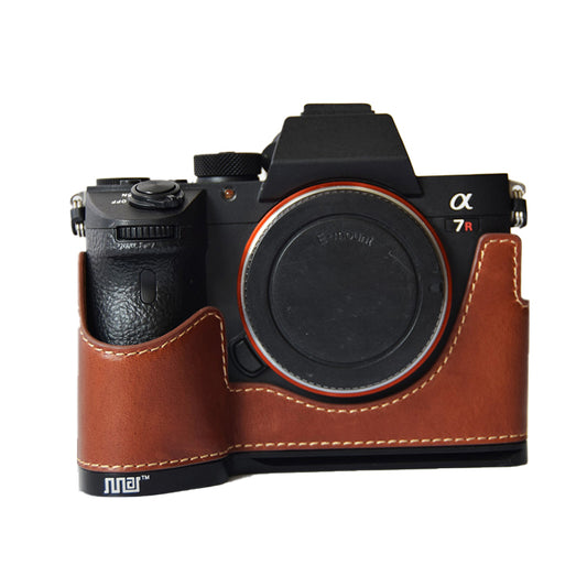 Uniqkart for Sony A7M3/A9/A73/A7R3 Genuine Leather Camera Bottom Case Protective Half Body Cover Quick Release Plate Bracket Holder - Coffee