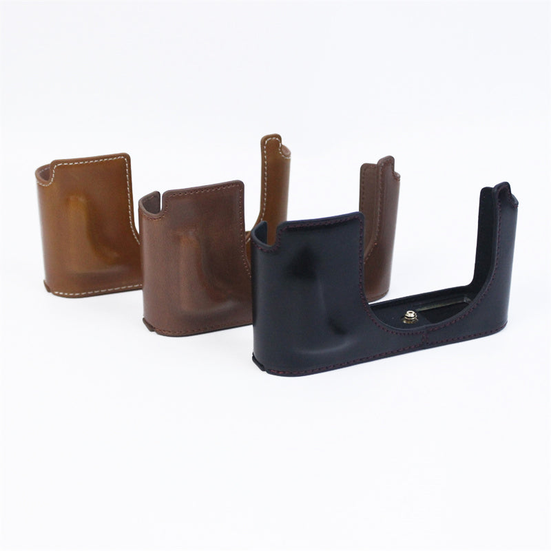 Uniqkart for Leica Q2 Fashionable Leather Detachable Camera Bottom Case Protective Half Body Cover Holder - Brown