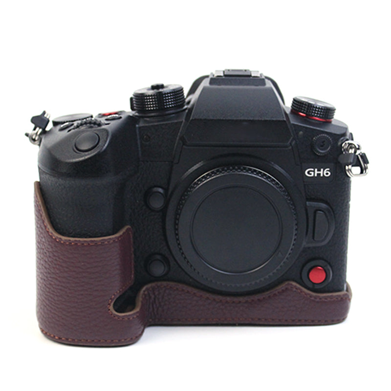 Uniqkart for Panasonic LUMIX GH6/DC-GH6GK Genuine Leather Camera Bottom Case Protective Half Body Cover with Battery Opening Design - Coffee