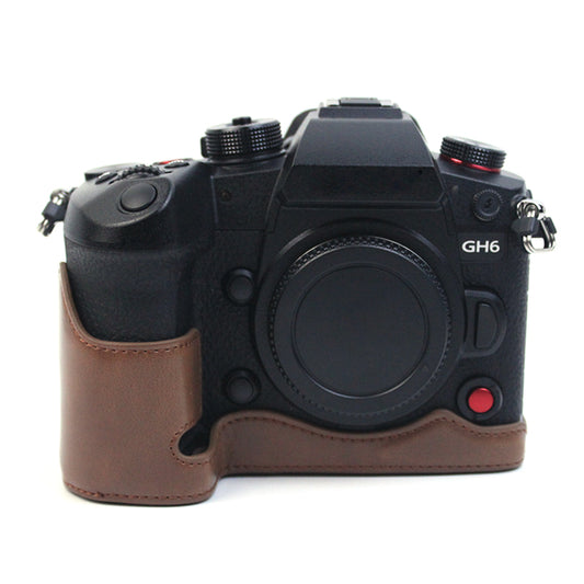 Uniqkart for Panasonic LUMIX GH6/DC-GH6GK Fashionable PU Leather Camera Bottom Case Battery Opening Design Protective Half Body Cover - Coffee