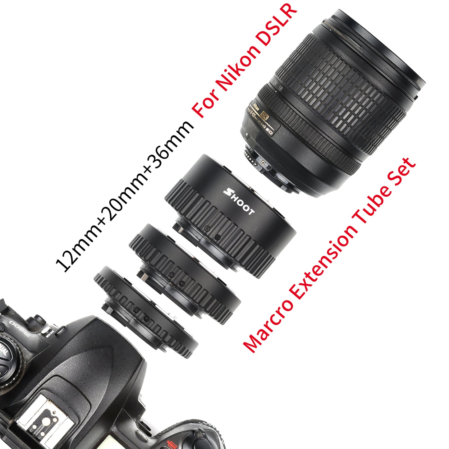 Shoot XT-365 Auto Focus AF Macro Extension Tube Adapter Ring Set 12mm 20m 36mm for Nikon F-mount AF Lens for Nikon DSLR Cameras