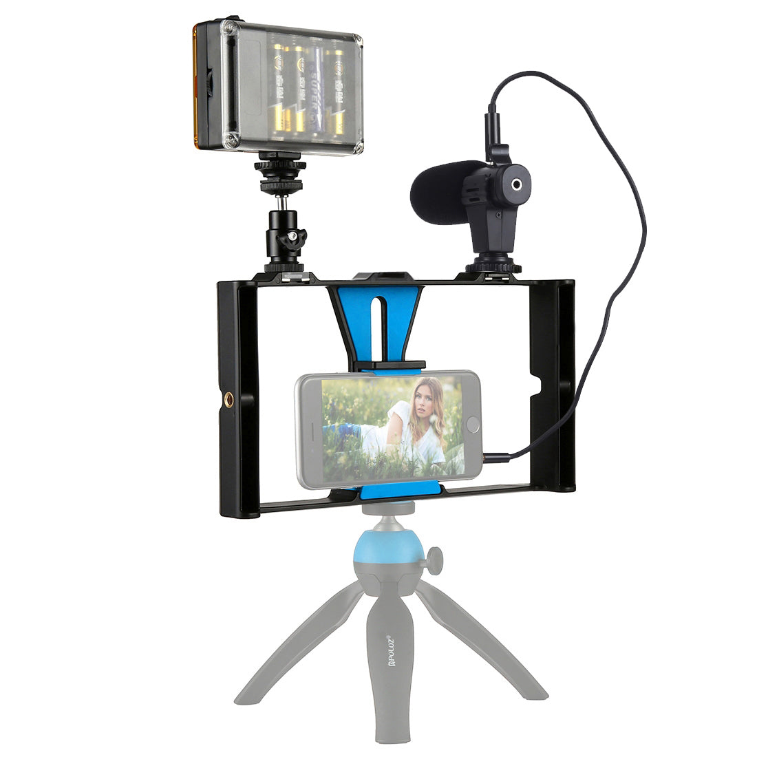 Puluz PKT3022 3-in-1 Mobile Video Recording Video Rig Kits [Microphone+Vlogging Rig+ Fill Light] - Blue