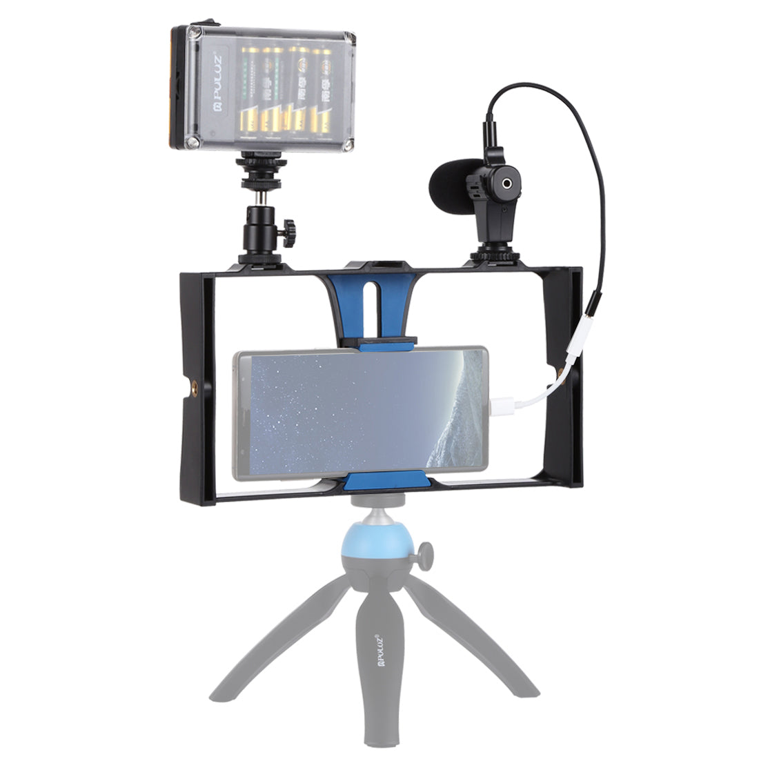Puluz PKT3022 3-in-1 Mobile Video Recording Video Rig Kits [Microphone+Vlogging Rig+ Fill Light] - Blue