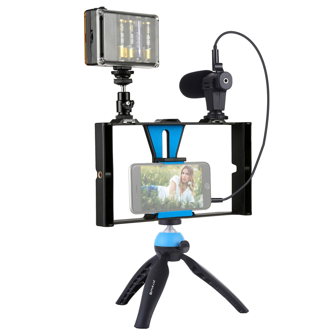 Puluz PKT3023 4-in-1 Mobile Video Recording Video Live Set [Microphone+Vlogging Rig+ Fill Light+Tripod Mount] - Black / Blue
