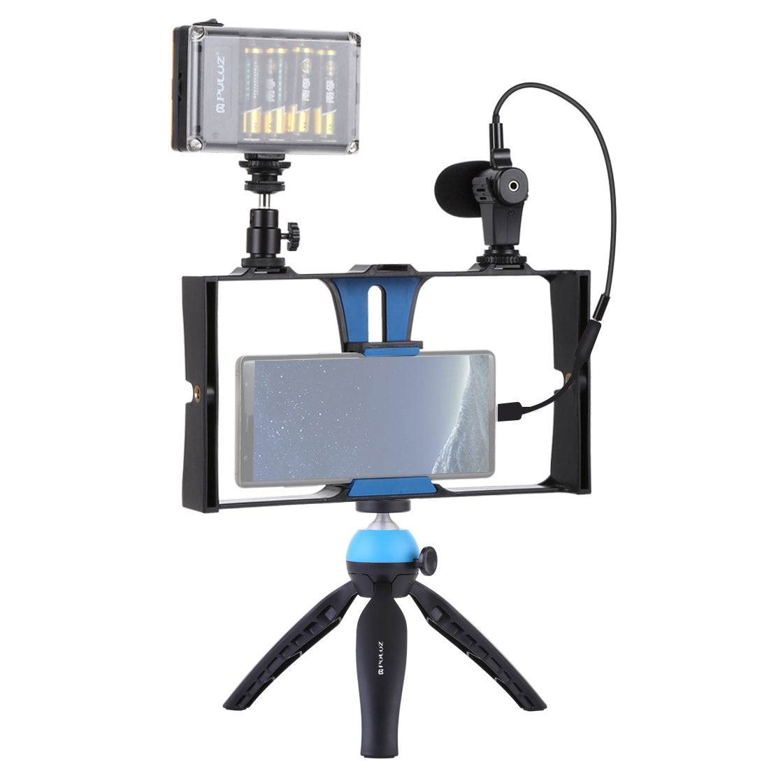 Puluz PKT3023 4-in-1 Mobile Video Recording Video Live Set [Microphone+Vlogging Rig+ Fill Light+Tripod Mount] - Black / Blue