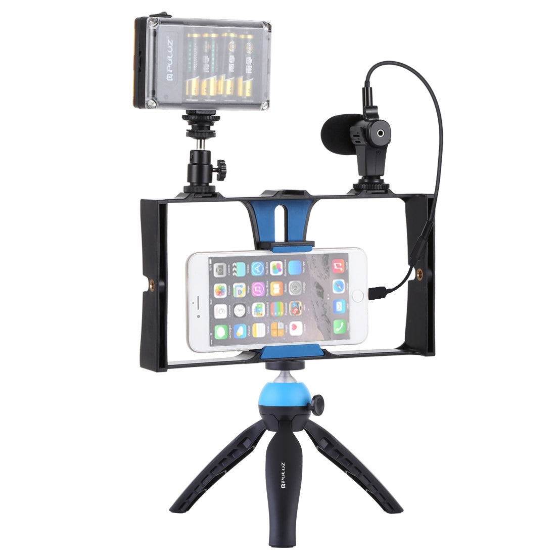 Puluz PKT3023 4-in-1 Mobile Video Recording Video Live Set [Microphone+Vlogging Rig+ Fill Light+Tripod Mount] - Black / Blue