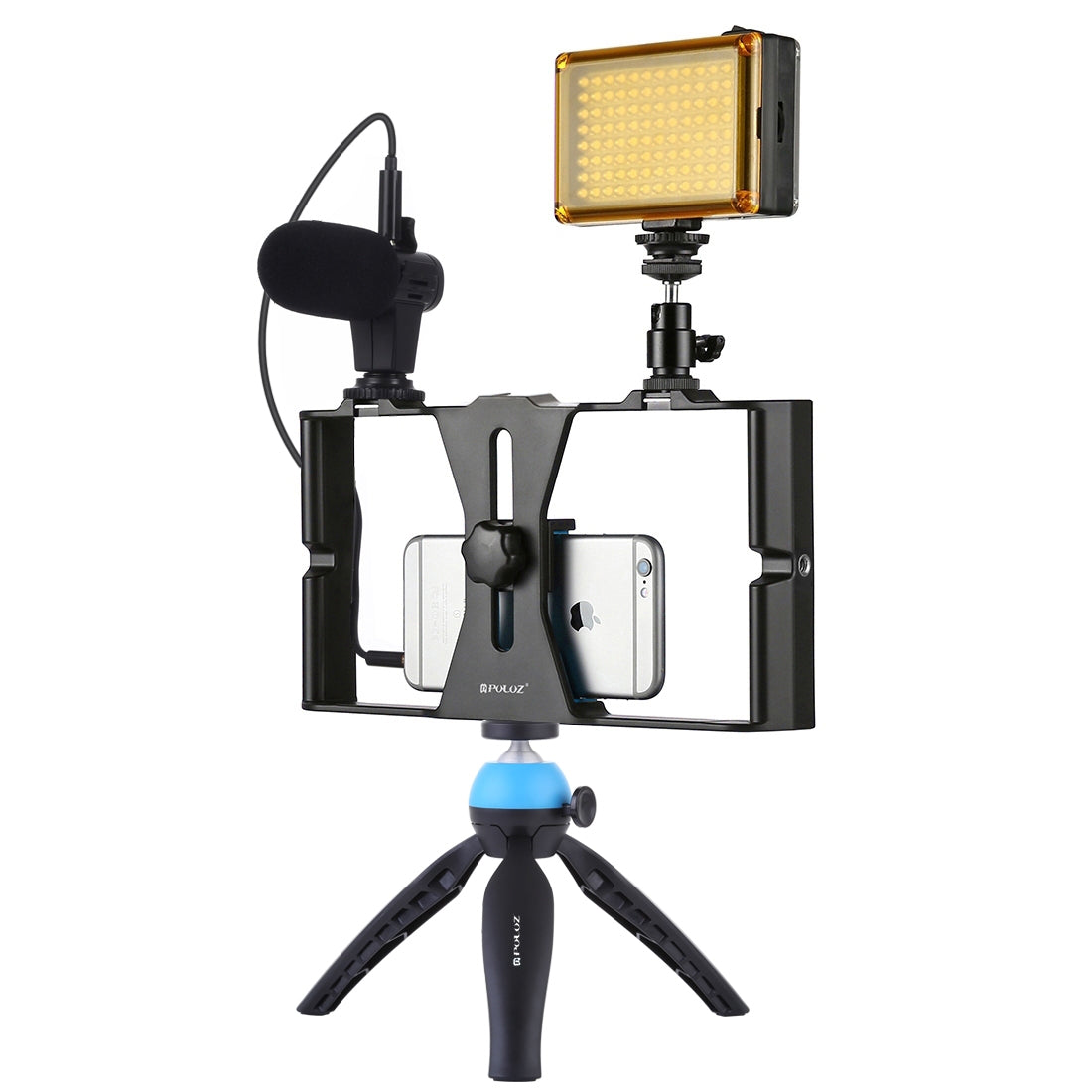 Puluz PKT3023 4-in-1 Mobile Video Recording Video Live Set [Microphone+Vlogging Rig+ Fill Light+Tripod Mount] - Black / Blue