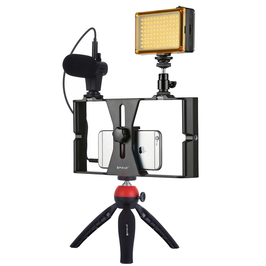 Puluz PKT3023 4-in-1 Mobile Video Recording Video Live Set [Microphone+Vlogging Rig+ Fill Light+Tripod Mount] - Black / Red