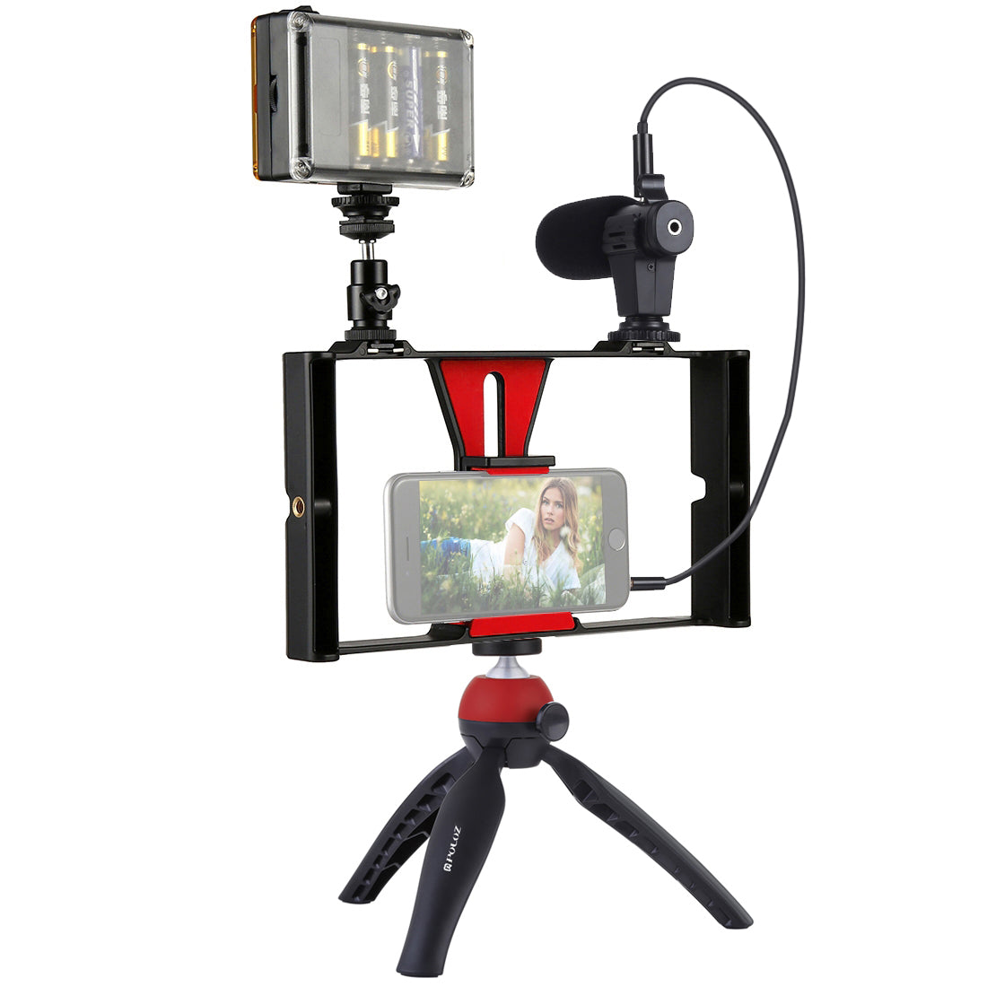Puluz PKT3023 4-in-1 Mobile Video Recording Video Live Set [Microphone+Vlogging Rig+ Fill Light+Tripod Mount] - Black / Red