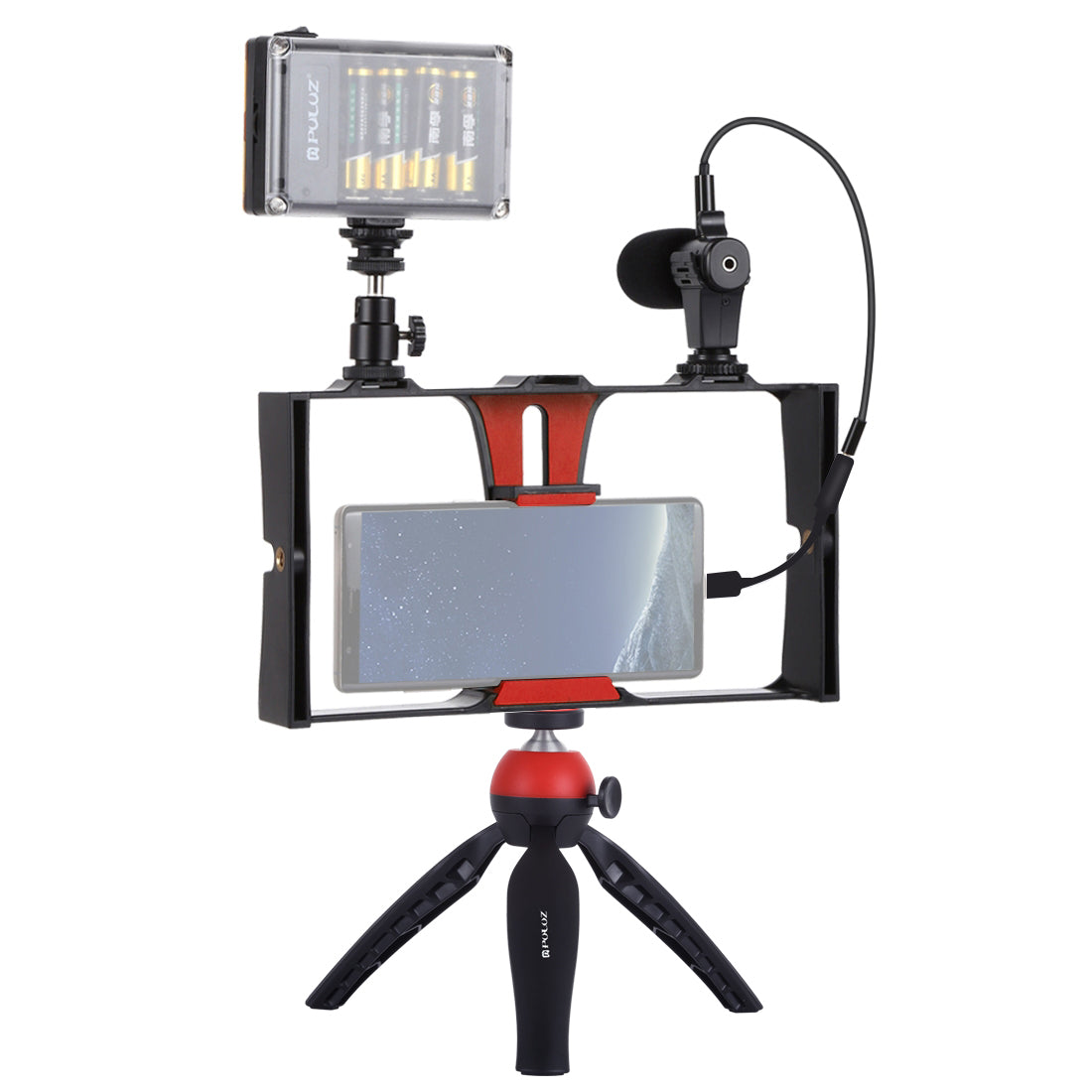 Puluz PKT3023 4-in-1 Mobile Video Recording Video Live Set [Microphone+Vlogging Rig+ Fill Light+Tripod Mount] - Black / Red