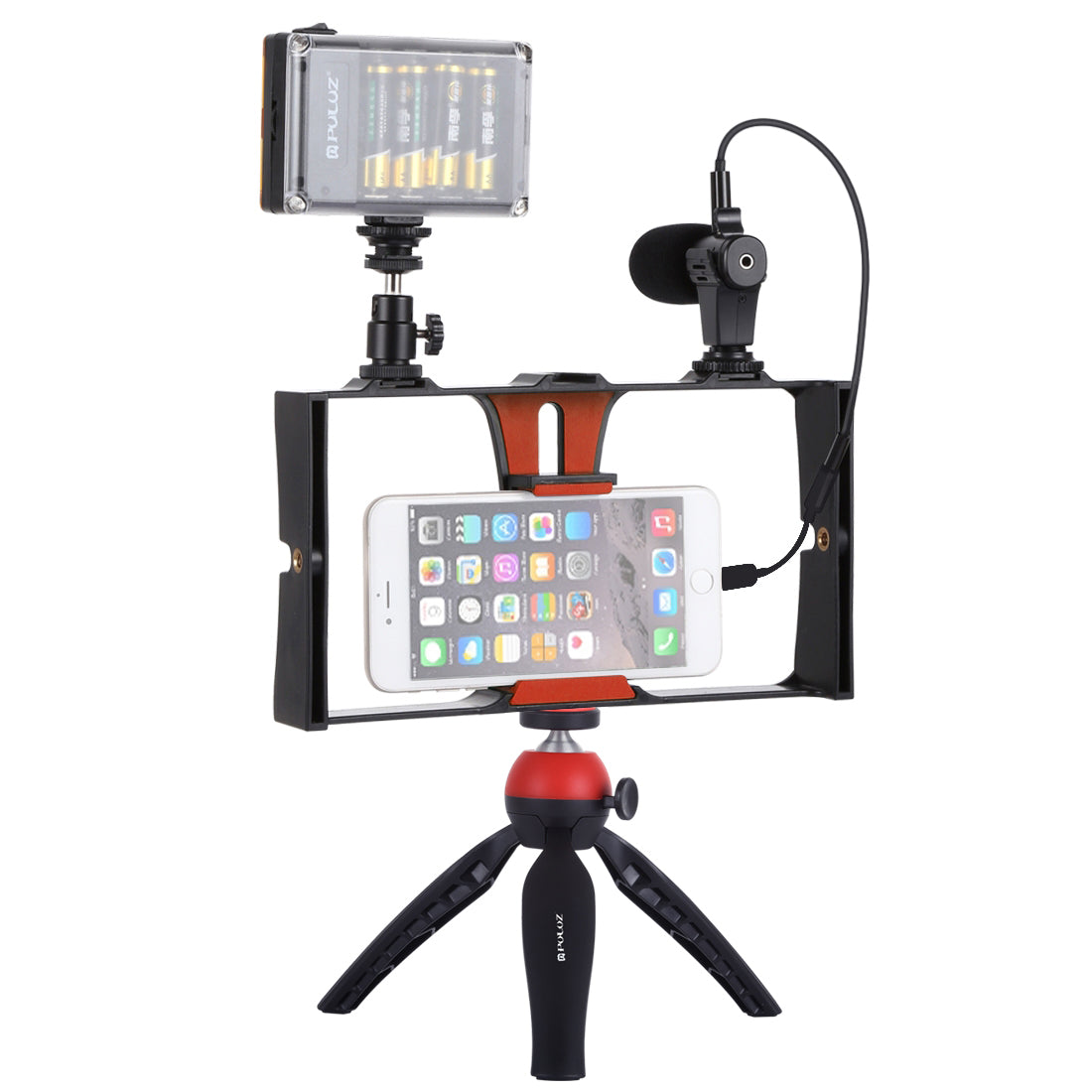 Puluz PKT3023 4-in-1 Mobile Video Recording Video Live Set [Microphone+Vlogging Rig+ Fill Light+Tripod Mount] - Black / Red