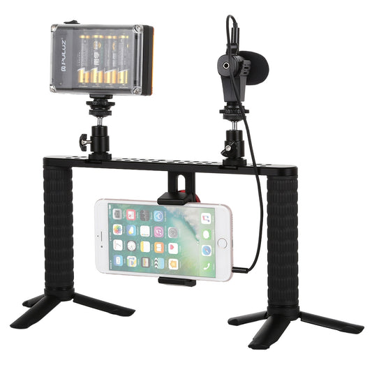 Puluz PKT3024 4 in 1 Live Broadcast LED Selfie Light Smartphone Video Rig Handle Stabilizer Bracket Kits Microphone Tripod