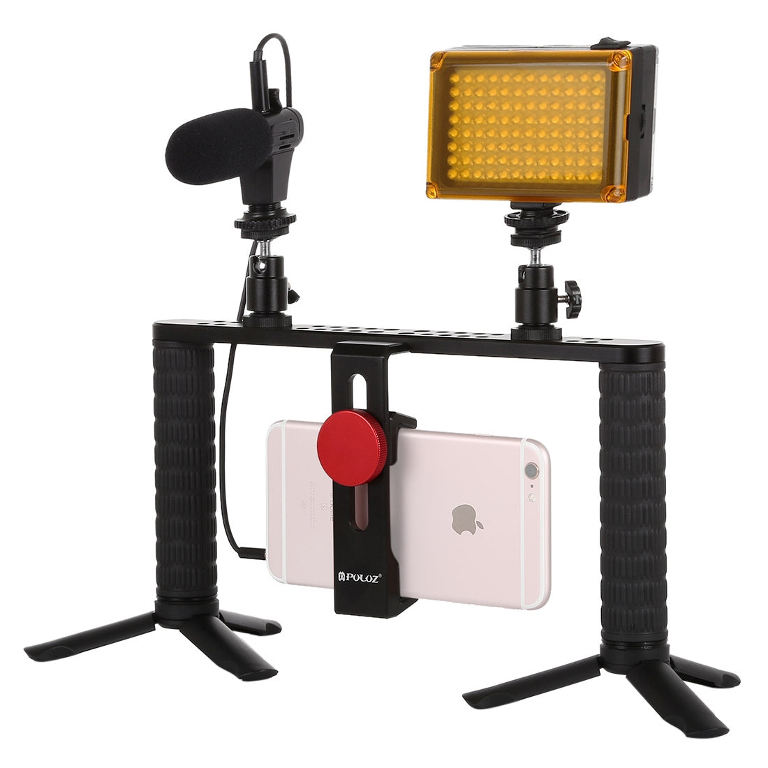 Puluz PKT3024 4 in 1 Live Broadcast LED Selfie Light Smartphone Video Rig Handle Stabilizer Bracket Kits Microphone Tripod