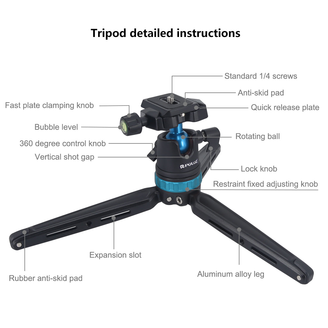 PULUZ Mini Adjustable Metal Desktop Tripod Mount with 360 Degree Ball Head for DSLR &amp; Digital Cameras - Blue