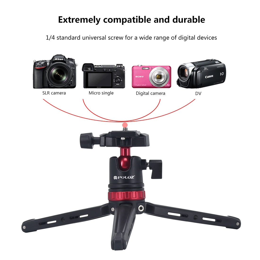 PULUZ Mini Adjustable Metal Desktop Tripod Mount with 360 Degree Ball Head for DSLR &amp; Digital Cameras - Red
