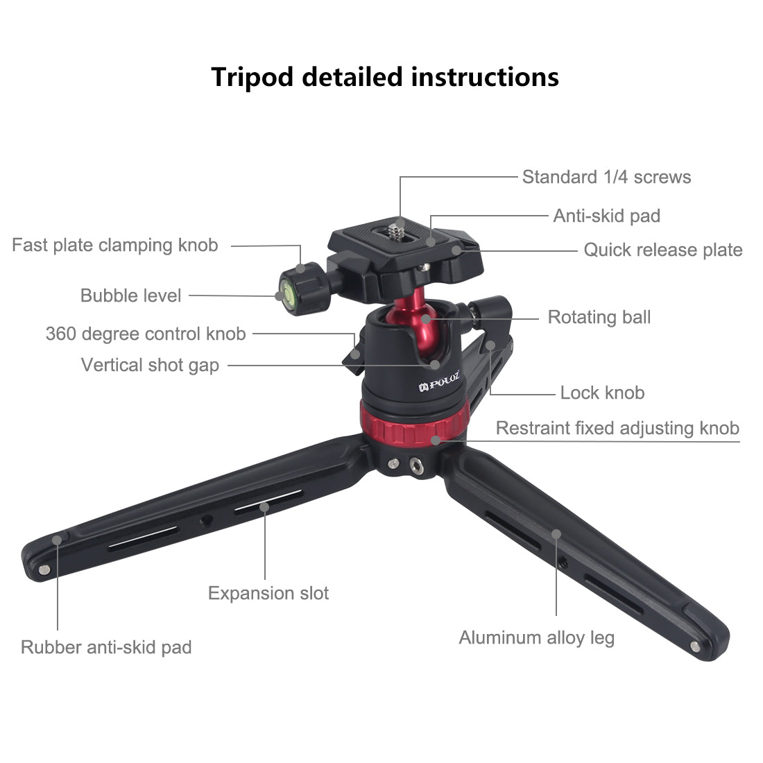 PULUZ Mini Adjustable Metal Desktop Tripod Mount with 360 Degree Ball Head for DSLR &amp; Digital Cameras - Red