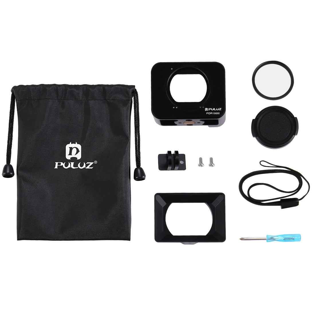PULUZ Aluminum Alloy Protective Cage + 37mm UV Filter Lens + Lens Sunshade with Screws and Screwdrivers for Sony RX0 II