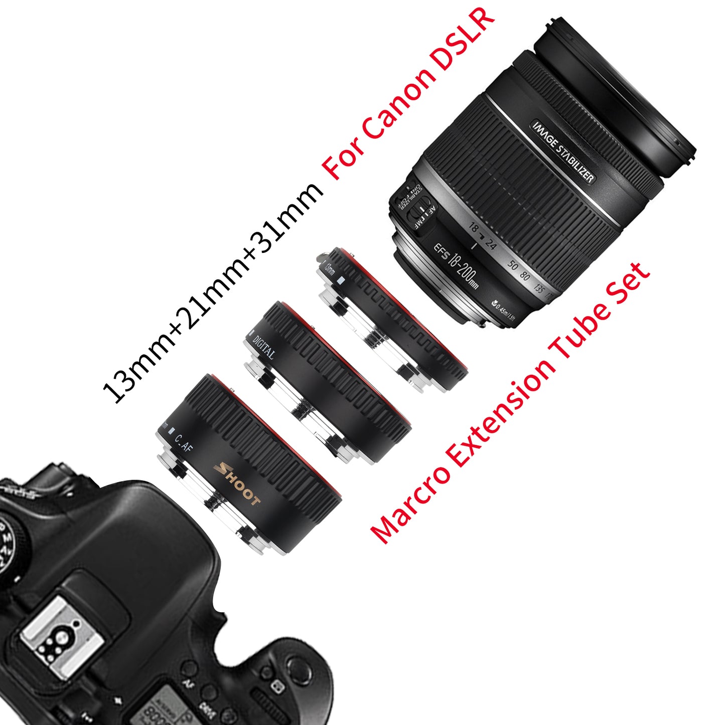 Shoot XT-364 Auto Focus Macro Extension Tube Ring for Canon EOS EF EF-S Lens 4000D 2000D 1200D 1100D 700D 450D 400D 200D 70D 5D T5 T6i