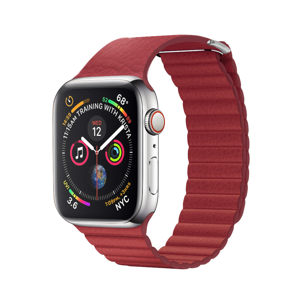 QIALINO Magnetic Loop Genuine Leather Watch Strap for Apple Watch Series 5 4 44mm, Series 3 / 2 / 1 42mm - Red