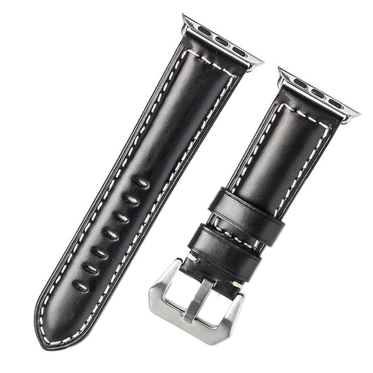 QIALINO Top Layer Cowhide Leather Watch Strap for Apple Watch Series 8 45mm / Ultra 49mm / 7 45mm / 6 / SE / SE (2022) / 5 4 44mm, Series 3 / 2 / 1 42mm - Black
