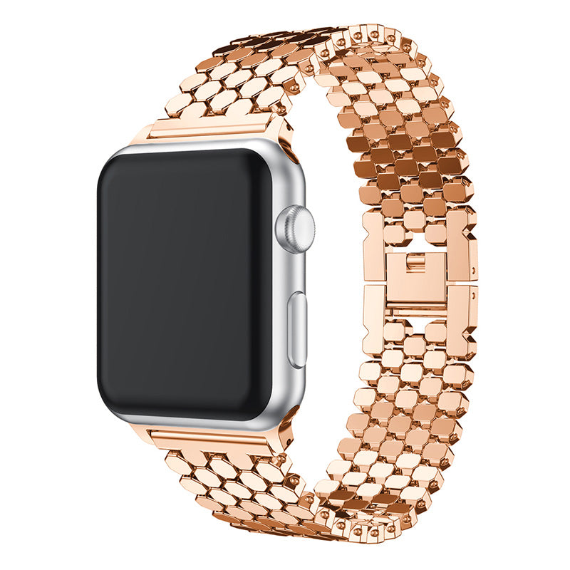 XINCUCO D-Button Buckle Stainless Steel Fish Scale Shape Watch Band for Apple Watch Series 8 45mm / Ultra 49mm / 7 45mm / Series 6 SE / SE (2022) / 5 4 44mm / Series 3 2 1 42mm - Rose Gold