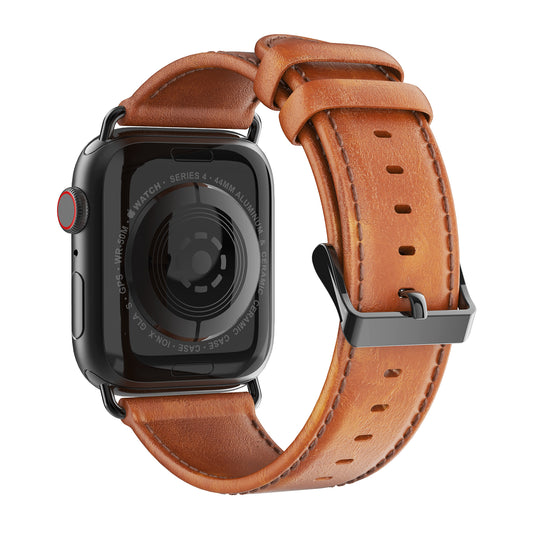 Business Genuine Leather Watch Strap with Stainless Steel Buckle for Apple Watch Series 8 45mm / 7 45mm / Series 6 / SE / SE (2022) / 5 4 44mm / Series 3 2 1 42mm - Brown