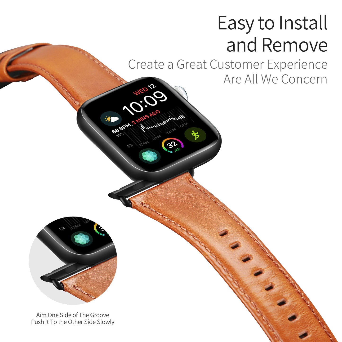 Business Genuine Leather Watch Strap with Stainless Steel Buckle for Apple Watch Series 8 45mm / 7 45mm / Series 6 / SE / SE (2022) / 5 4 44mm / Series 3 2 1 42mm - Brown