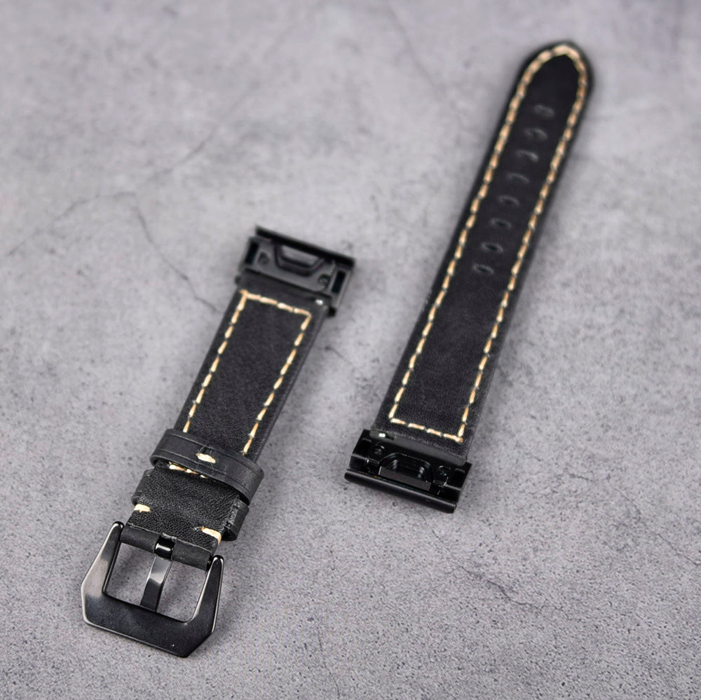For Garmin Fenix 5 Genuine Leather Watch Band Crazy Horse Texture Replacement Strap - Black