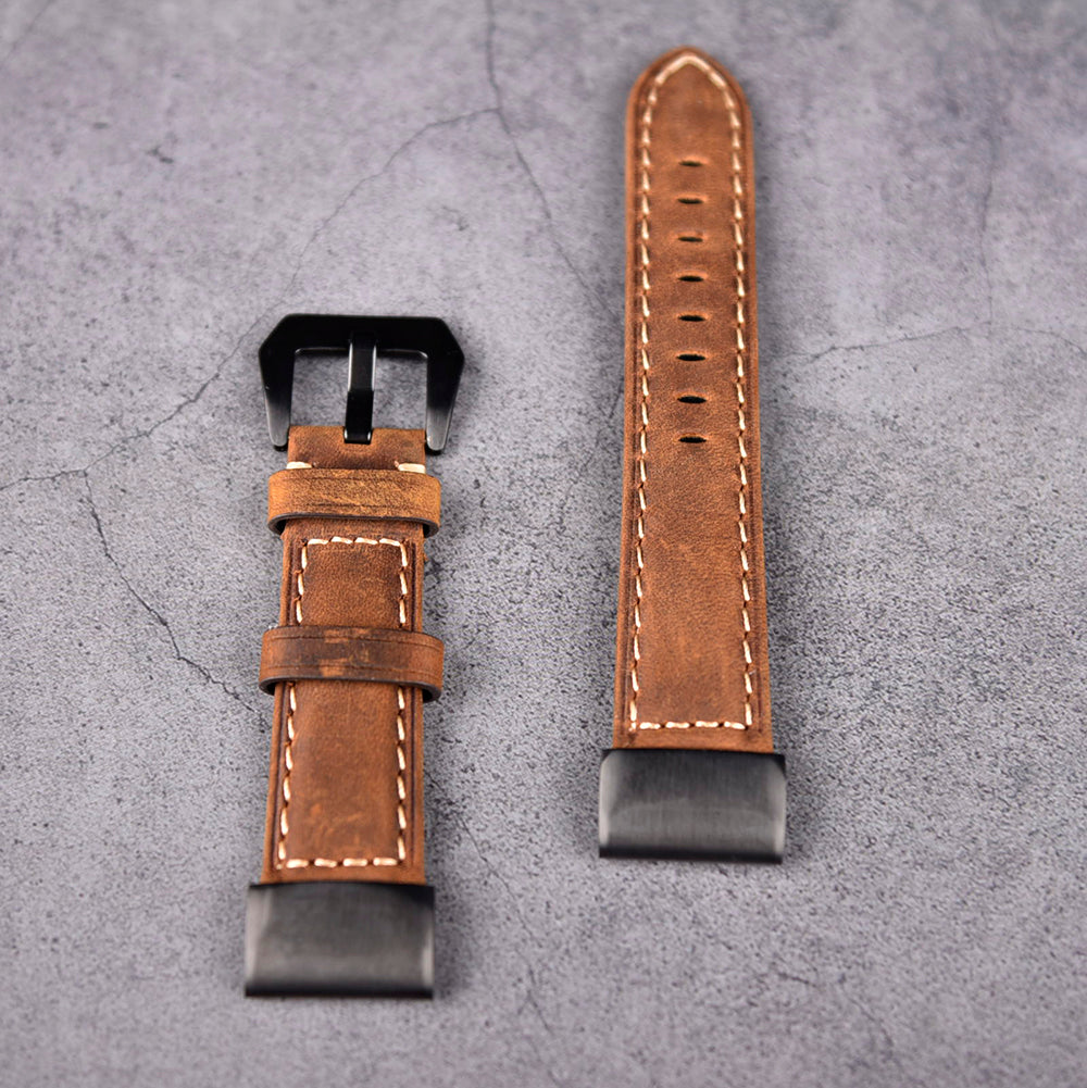 For Garmin Fenix 5 Genuine Leather Watch Band Crazy Horse Texture Replacement Strap - Dark Brown