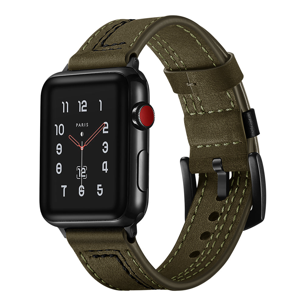 7-shaped Stitches Genuine Leather Watch Strap Band for Apple Watch Series 8 45mm / Ultra 49mm / 7 45mm / Series 6 SE / SE (2022) 5 4 44mm / Series 3 2 1 42mm - Green