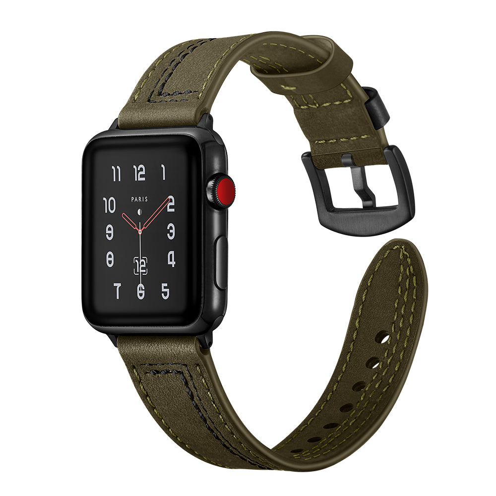 7-shaped Stitches Genuine Leather Watch Strap Band for Apple Watch Series 8 45mm / Ultra 49mm / 7 45mm / Series 6 SE / SE (2022) 5 4 44mm / Series 3 2 1 42mm - Green