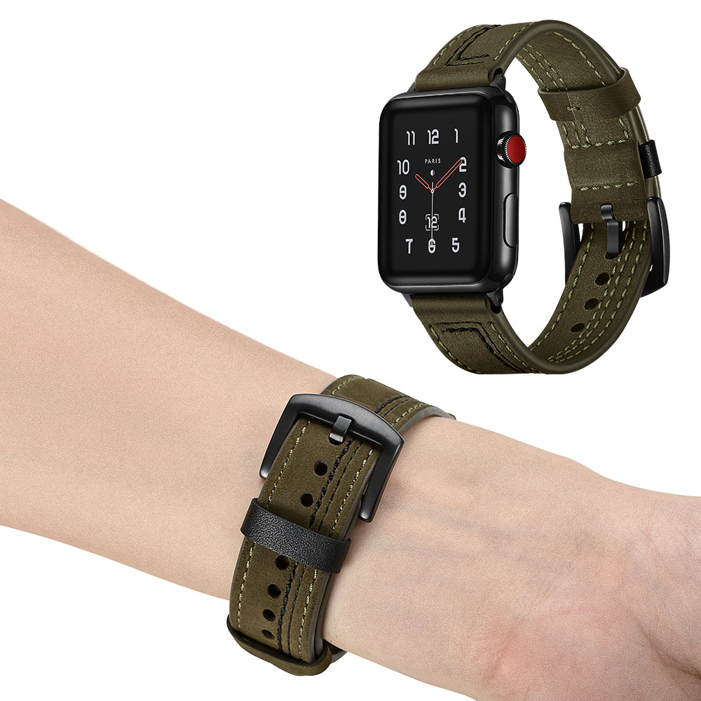 7-shaped Stitches Genuine Leather Watch Strap Band for Apple Watch Series 8 45mm / Ultra 49mm / 7 45mm / Series 6 SE / SE (2022) 5 4 44mm / Series 3 2 1 42mm - Green