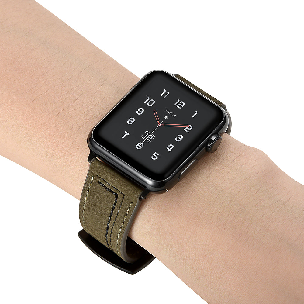 Genuine Leather Watch Band Strap for Apple Watch Series 8 7 41mm / Series 6 SE / SE(2022) 5 4 40mm / Series 3 2 1 38mm - Army Green