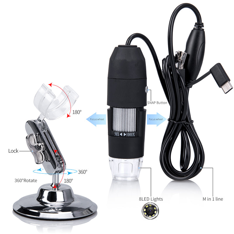 Digital Microscope 3-in-1 USB Endoscope 50X-1000X Magnification 8-LED Mini Camera for Mac Window Android