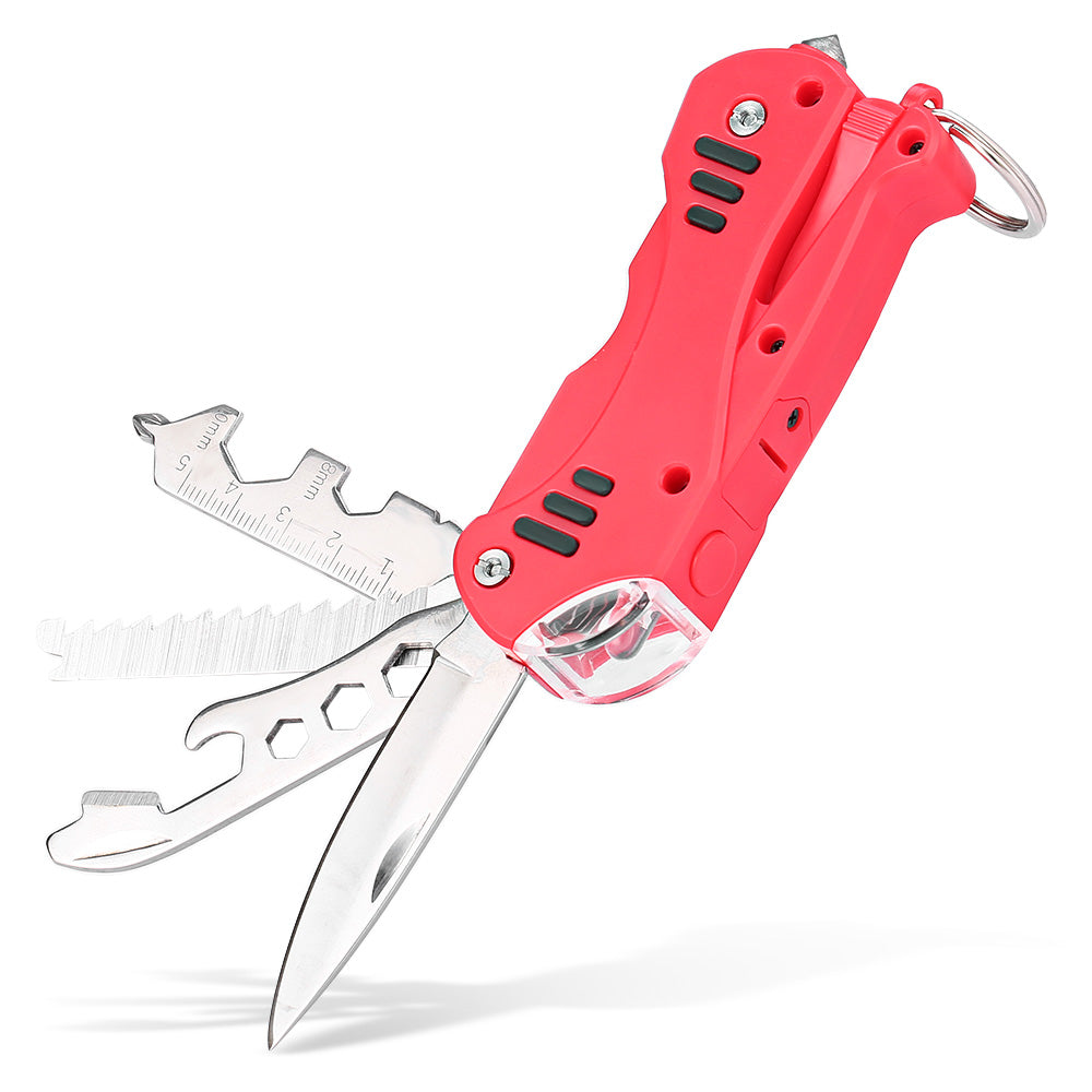 Portable LED Light / Wrench / Knife / Saw All-in-one EDC Tool Folding Multitools - Red
